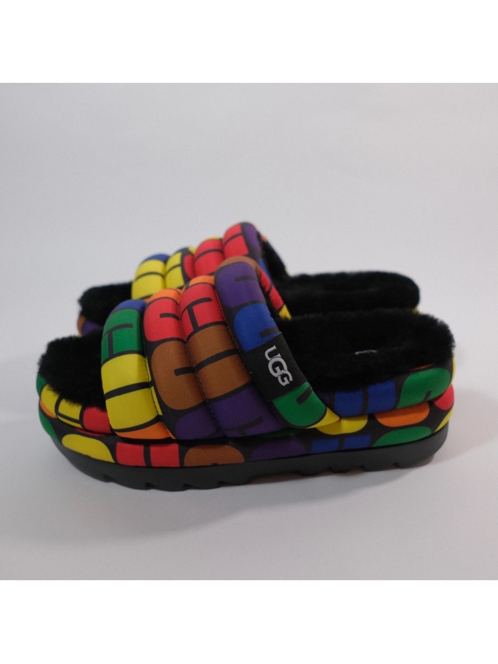 UGG Rainbow Puff Platform Slide Slippers with Black Plush